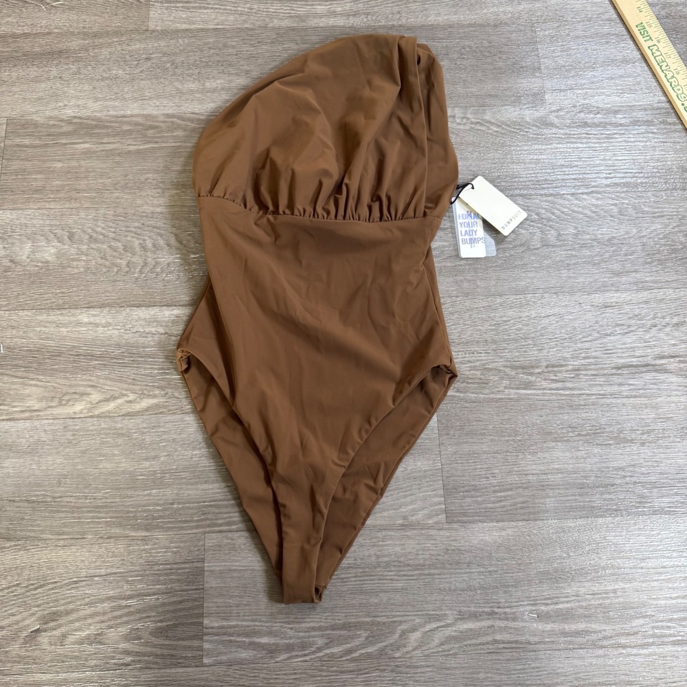 Bumpsuit swim Womens One Shoulder Maternity Bodysuit Saddle Brown Size S NWT